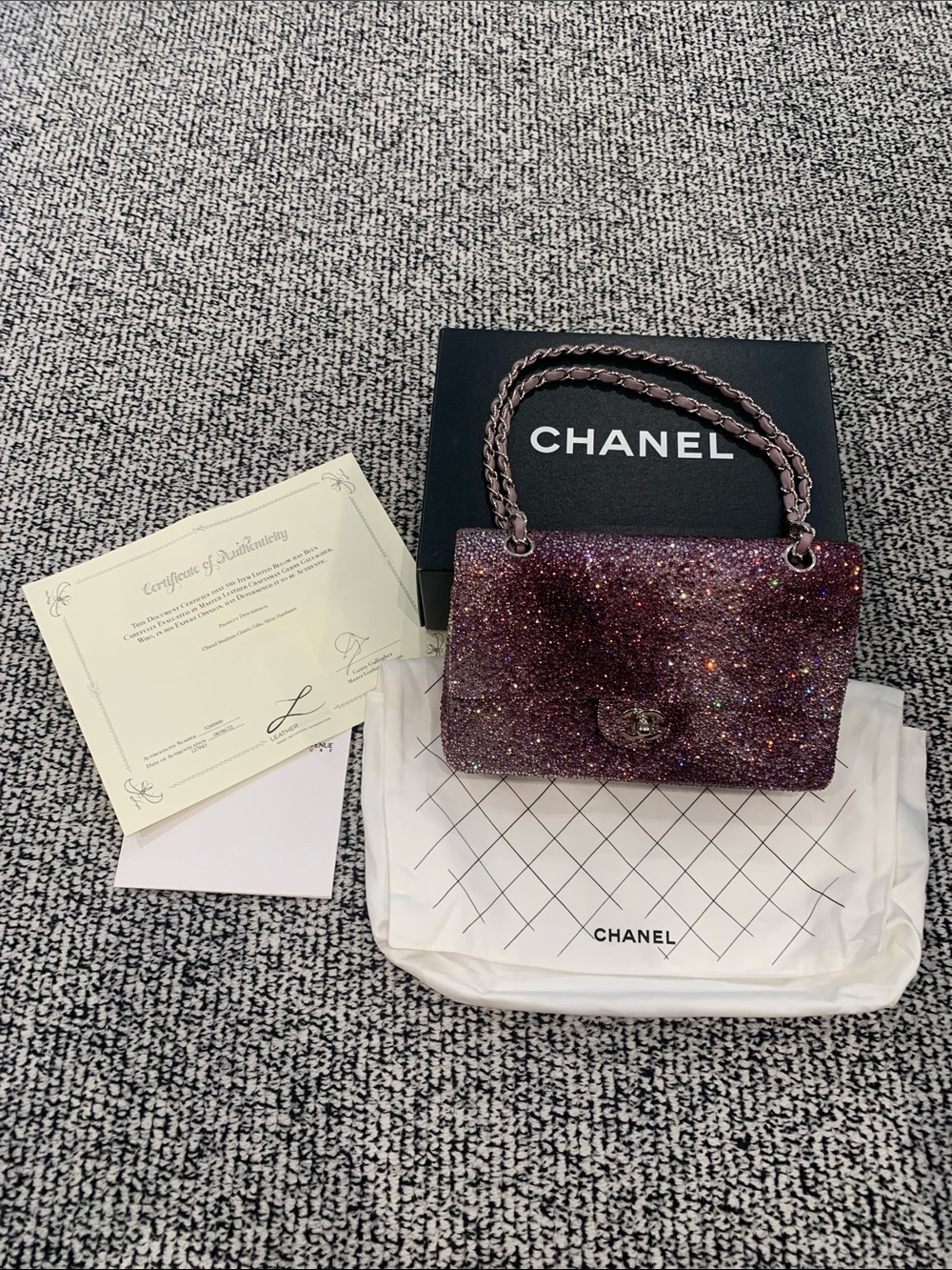 NWT. CHANEL Handbag.  Purple sequined with Silver hardware.   Rare